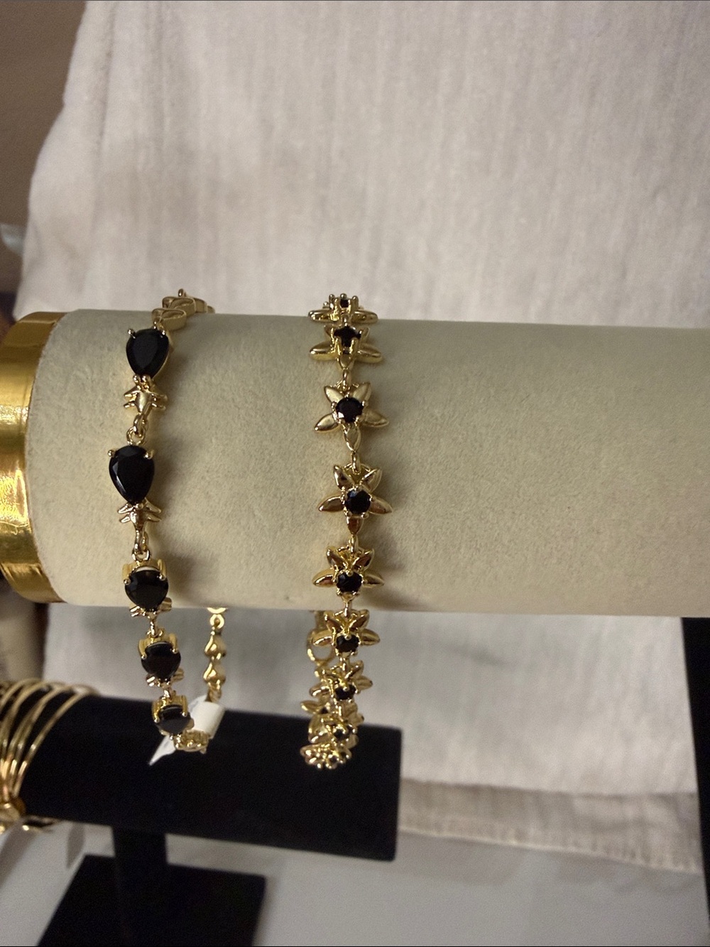 Gold Black Stone Flower Link Bracelet Set
